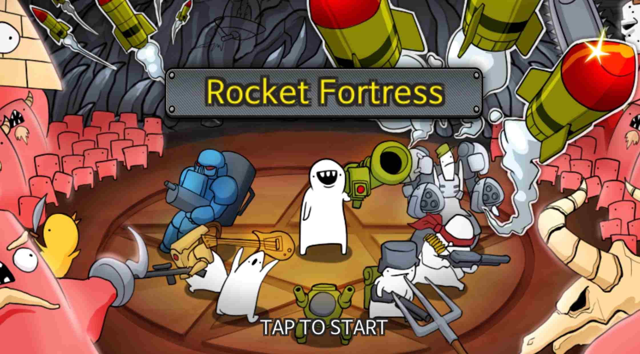 Rocket Fortress RPG tower defense showing missile launcher combat against demon invasion